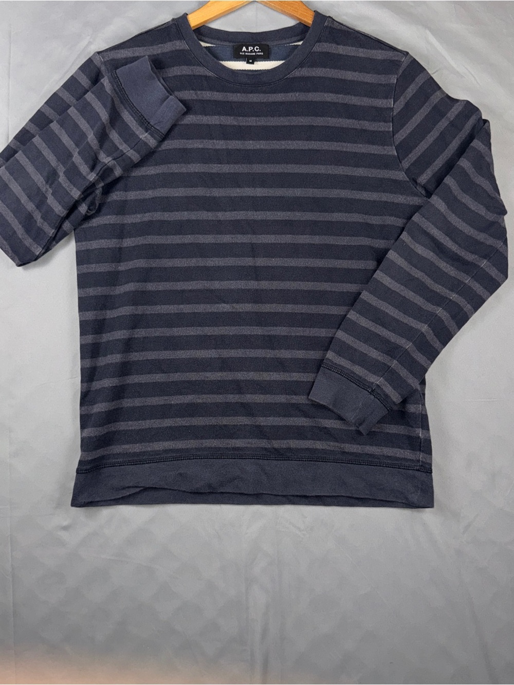 A.P.C. Sweatshirt Mens Medium Gray Striped Cotton Crewneck Pullover Casual Knit